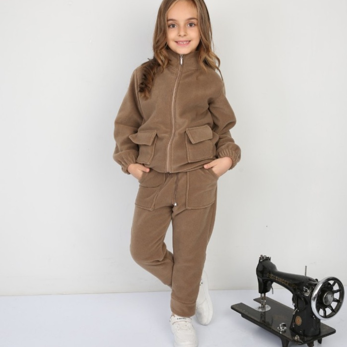 Tıraşlı Polar Lastik Bağcıklı Çift Cep Günlük Kız Çocuk Takım