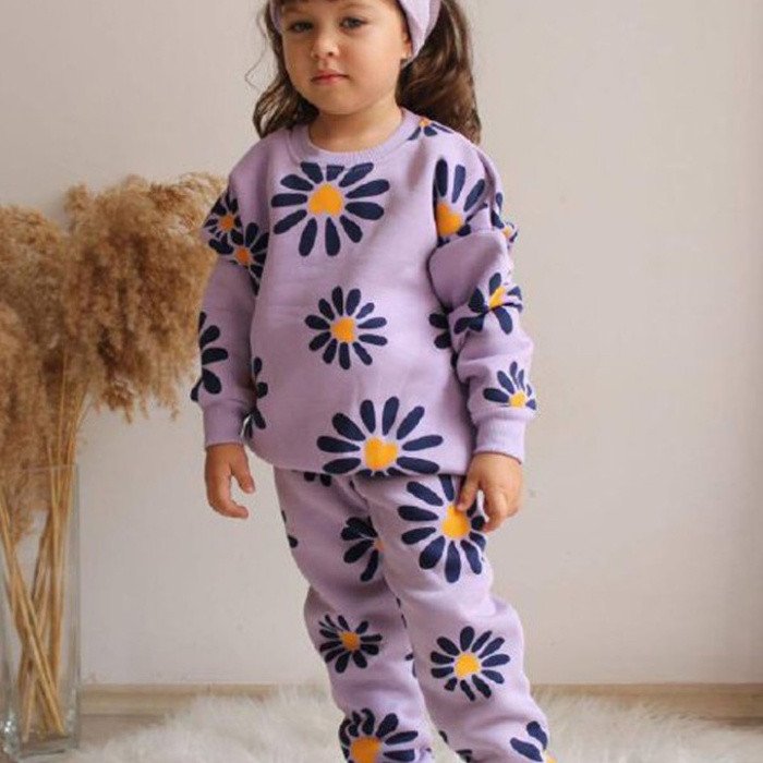 Üç İplik Şardonlu Baskılı Kız Çocuk Günlük Takım