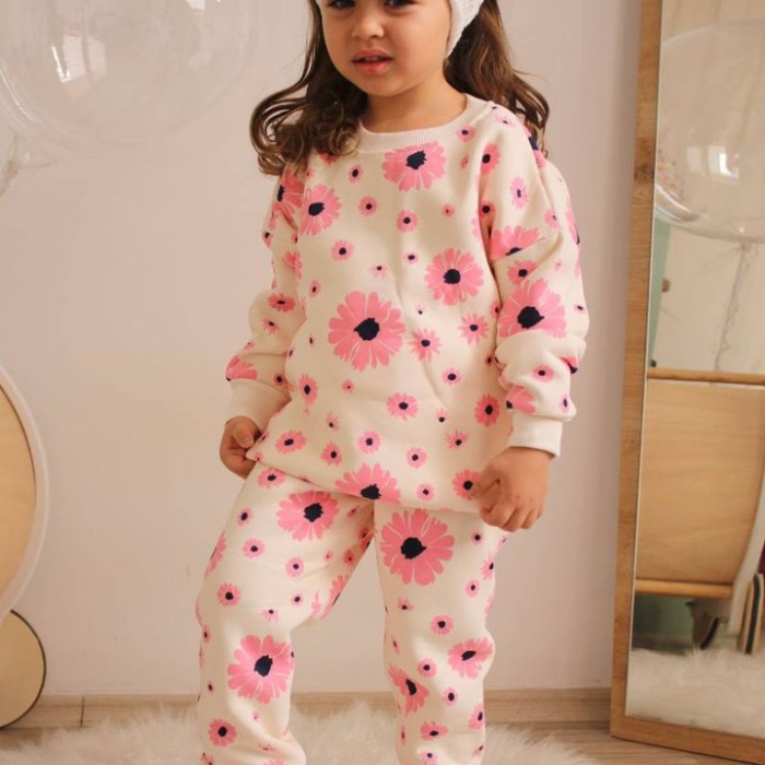 Üç İplik Şardonlu Çiçek Baskılı Kız Çocuk Günlük Takım