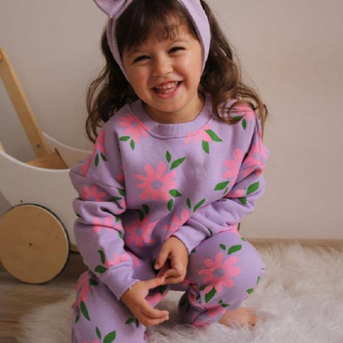 Üç İplik Şardonlu Çiçek Baskılı Kız Çocuk Günlük Takım