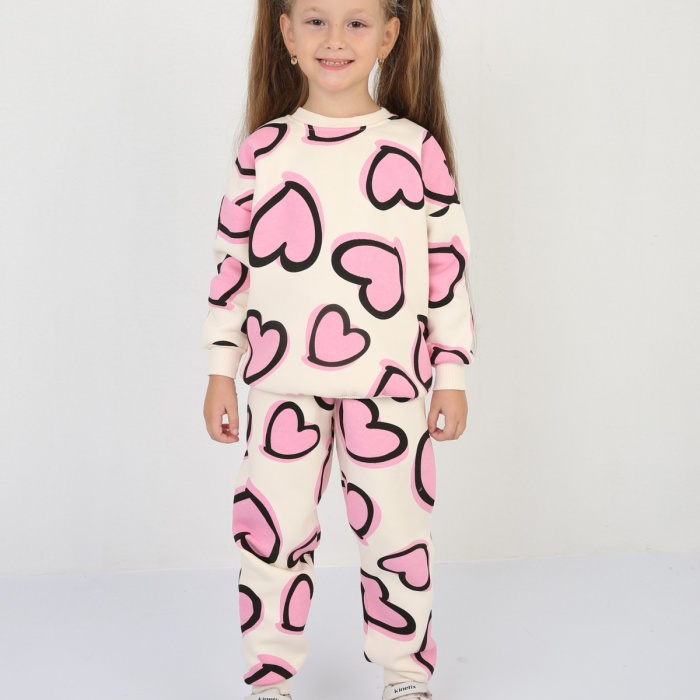 Üç İplik Şardonlu Kalp Baskılı Kız Çocuk Günlük Takım