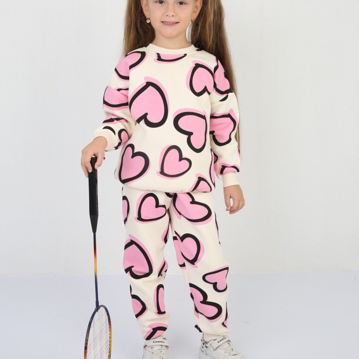 Üç İplik Şardonlu Kalp Baskılı Kız Çocuk Günlük Takım