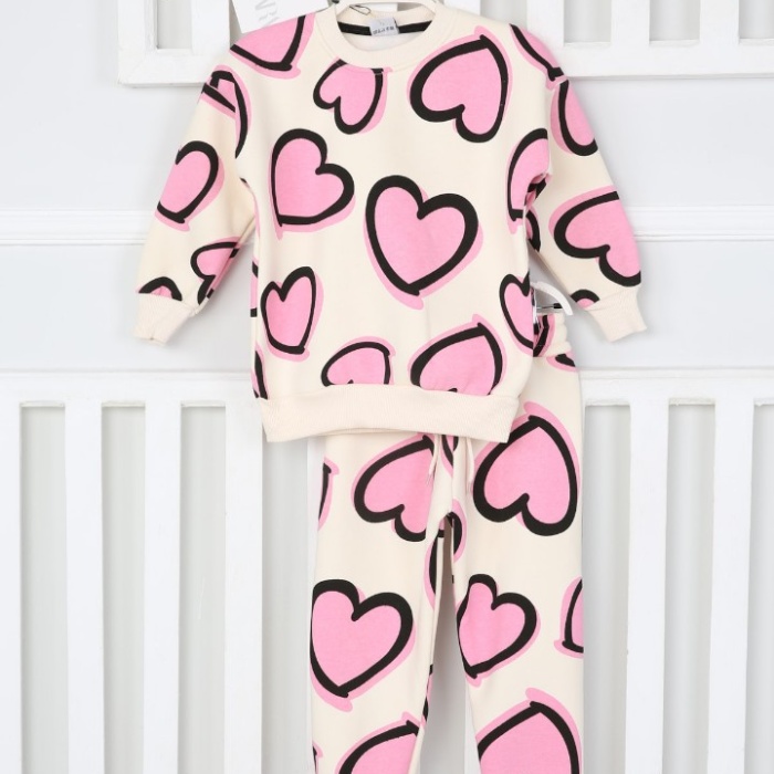 Üç İplik Şardonlu Kalp Baskılı Kız Çocuk Günlük Takım