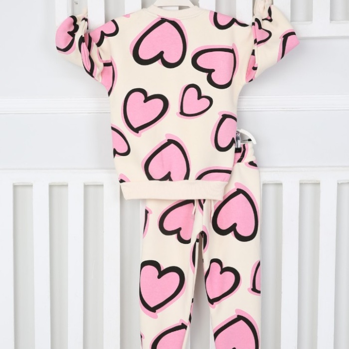Üç İplik Şardonlu Kalp Baskılı Kız Çocuk Günlük Takım