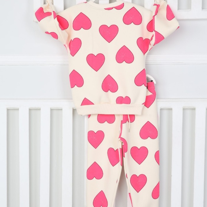 Üç İplik Şardonlu Kalp Baskılı Kız Çocuk Günlük Takım