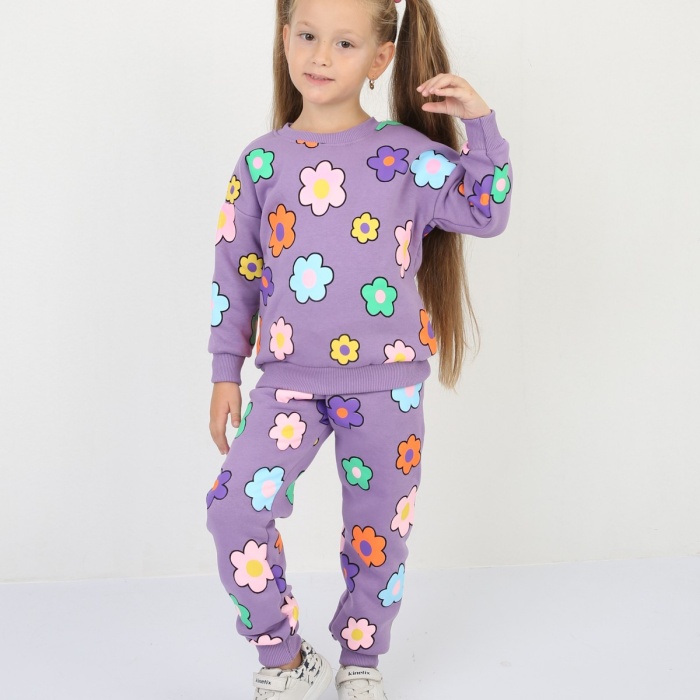 Üç İplik Şardonlu Yıldız Baskılı Kız Çocuk Günlük Takım