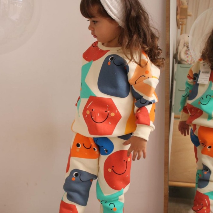 Üç İplik Şardonlu Yıldız Baskılı Kız Çocuk Günlük Takım