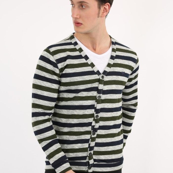 Düğmeli Çizgili Erkek Günlük Hırka