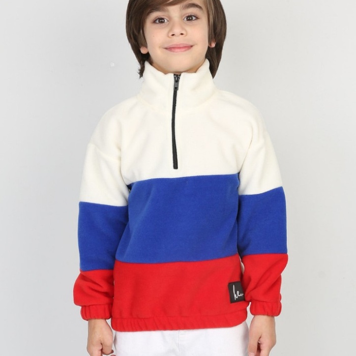 Full Polar Kumaş Yarım Fermuarlı Garnili Erkek Çocuk Günlük Sweatshirt