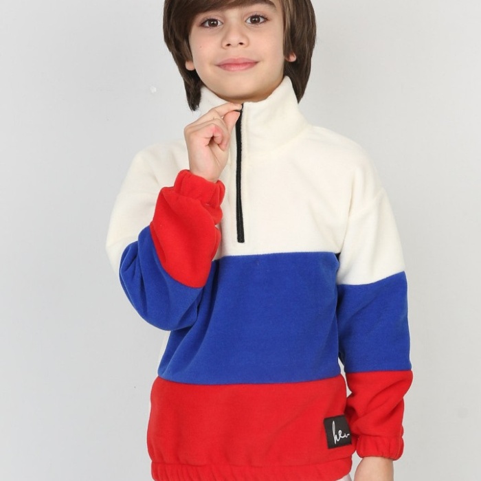 Full Polar Kumaş Yarım Fermuarlı Garnili Erkek Çocuk Günlük Sweatshirt