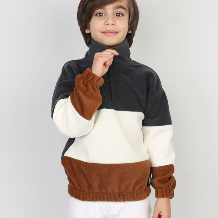 Full Polar Kumaş Yarım Fermuarlı Garnili Erkek Çocuk Günlük Sweatshirt