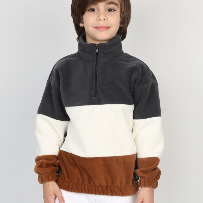 Full Polar Kumaş Yarım Fermuarlı Garnili Erkek Çocuk Günlük Sweatshirt