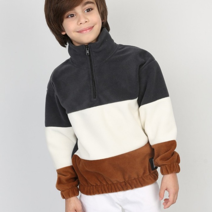 Full Polar Kumaş Yarım Fermuarlı Garnili Erkek Çocuk Günlük Sweatshirt