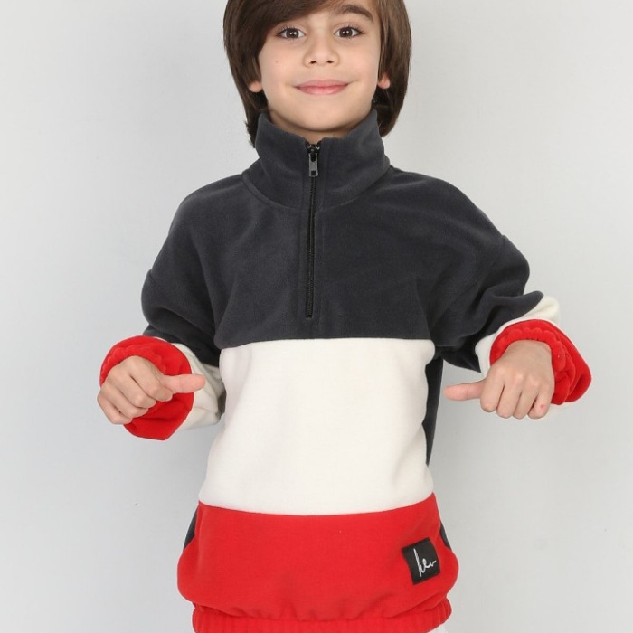 Full Polar Kumaş Yarım Fermuarlı Garnili Erkek Çocuk Günlük Sweatshirt