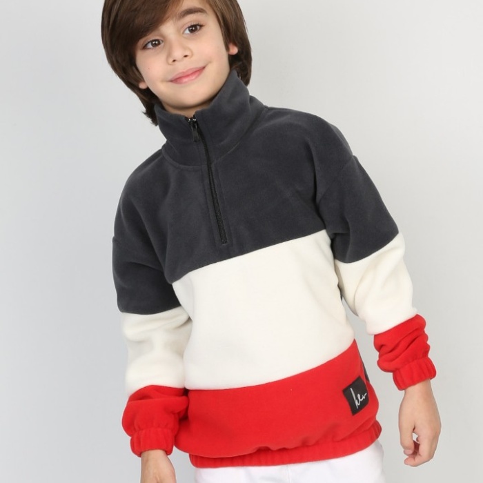 Full Polar Kumaş Yarım Fermuarlı Garnili Erkek Çocuk Günlük Sweatshirt