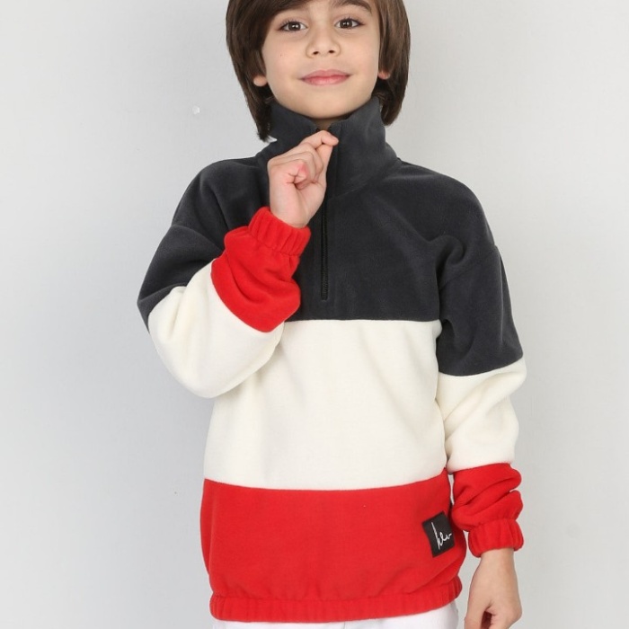 Full Polar Kumaş Yarım Fermuarlı Garnili Erkek Çocuk Günlük Sweatshirt