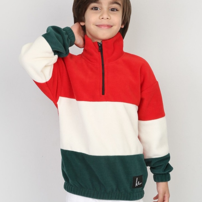 Full Polar Kumaş Yarım Fermuarlı Garnili Erkek Çocuk Günlük Sweatshirt