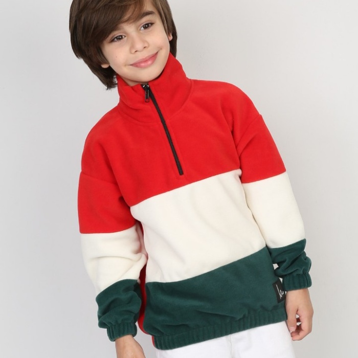 Full Polar Kumaş Yarım Fermuarlı Garnili Erkek Çocuk Günlük Sweatshirt