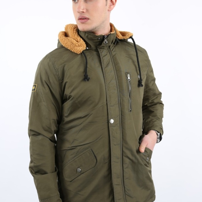 İçi Kürklü Çıkmalı Kapşonlu Çapraz Cepli Kalın Erkek Günlük Mont