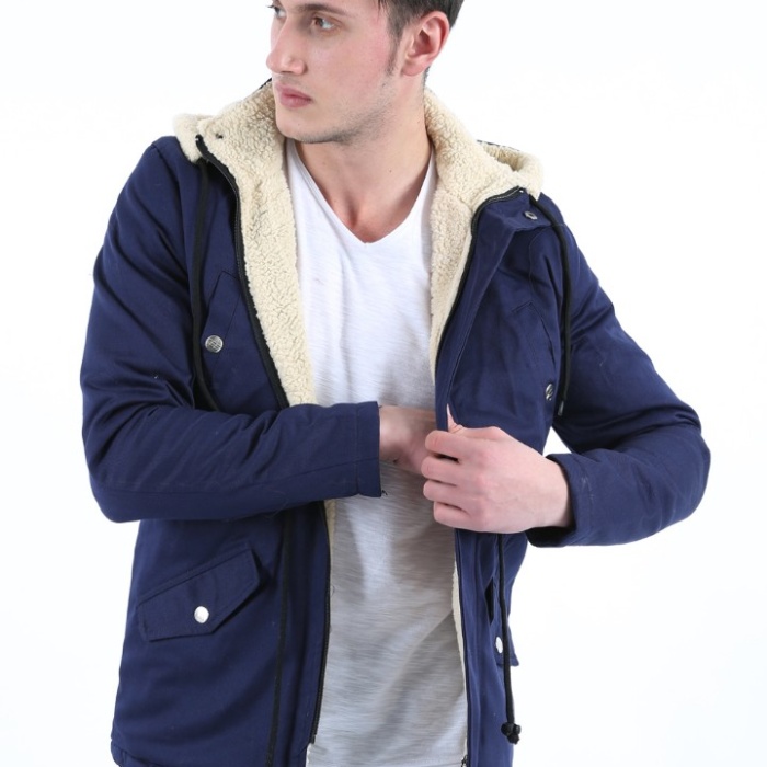 İçi Kürklü Çıkmalı Kapşonlu Kalın Erkek Günlük Kabardin Mont