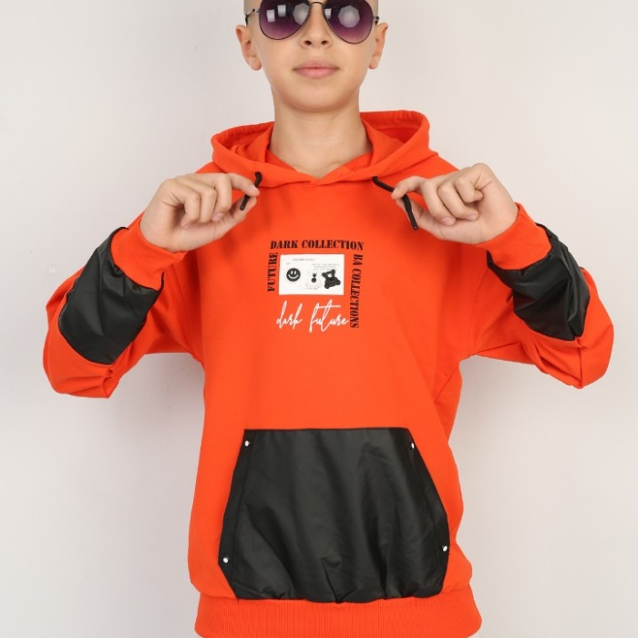 İki İplik Kapşonlu Baskılı Erkek Çocuk Günlük Sweatshirt