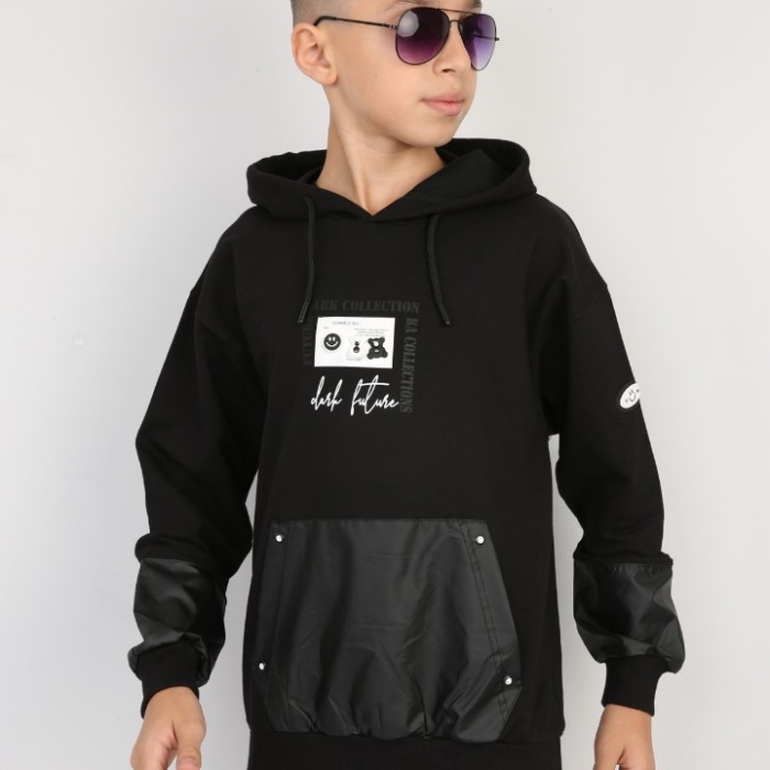 İki İplik Kapşonlu Baskılı Erkek Çocuk Günlük Sweatshirt