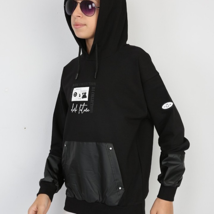 İki İplik Kapşonlu Baskılı Erkek Çocuk Günlük Sweatshirt