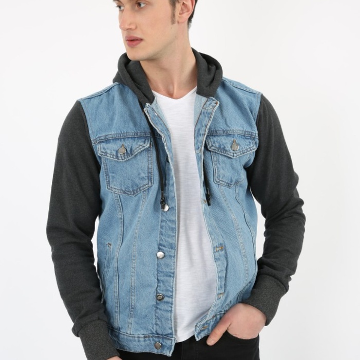 Kapüşonlu Kolu Polar Düğmeli Erkek Spor Günlük Kot Ceket