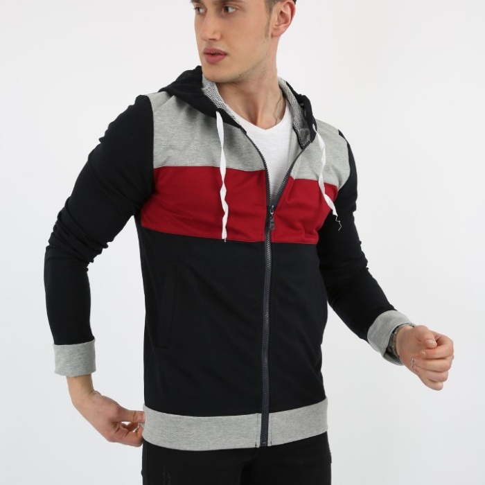 Parçalı Kapşonlu Fermuarlı Erkek Günlük Sweatshirt