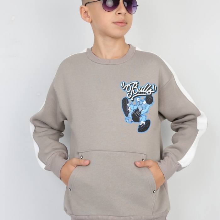 Üç İplik Şardonlu Arka Baskılı Erkek Çocuk Günlük Sweatshirt