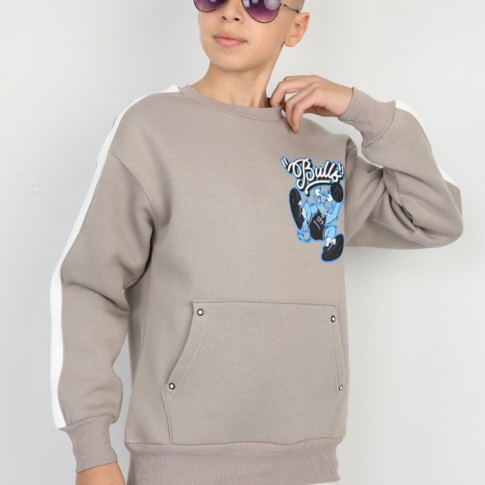Üç İplik Şardonlu Arka Baskılı Erkek Çocuk Günlük Sweatshirt