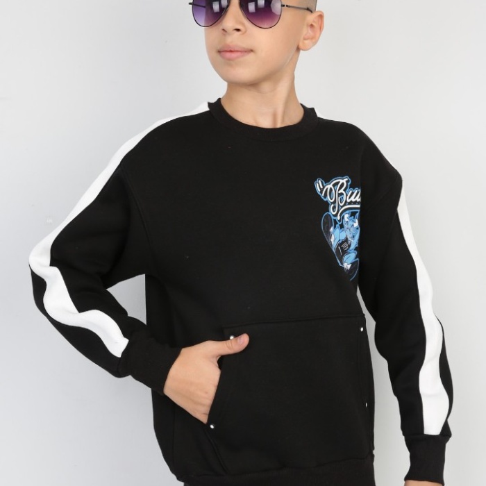 Üç İplik Şardonlu Arka Baskılı Erkek Çocuk Günlük Sweatshirt