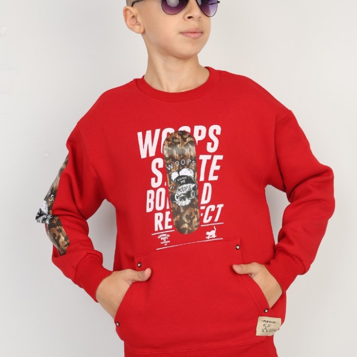 Üç İplik Şardonlu Baskılı Kanguru Cepli Erkek Çocuk Günlük Sweatshirt