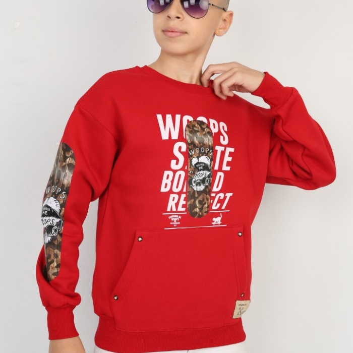 Üç İplik Şardonlu Baskılı Kanguru Cepli Erkek Çocuk Günlük Sweatshirt