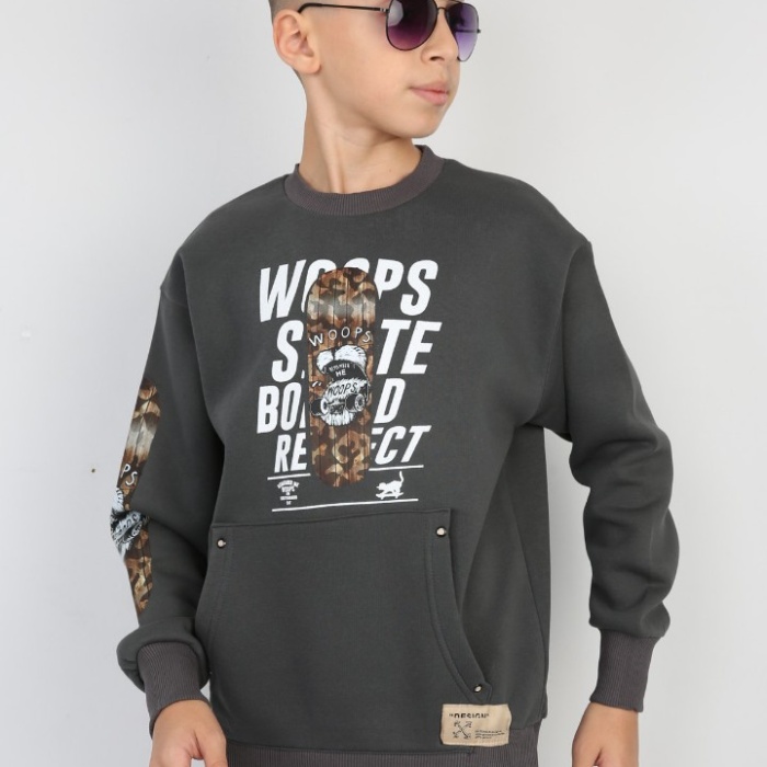 Üç İplik Şardonlu Baskılı Kanguru Cepli Erkek Çocuk Günlük Sweatshirt