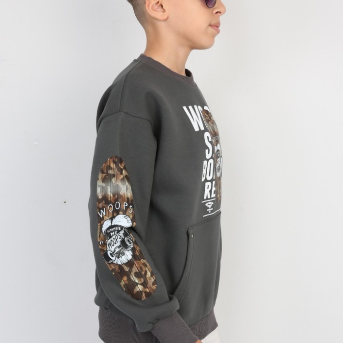 Üç İplik Şardonlu Baskılı Kanguru Cepli Erkek Çocuk Günlük Sweatshirt