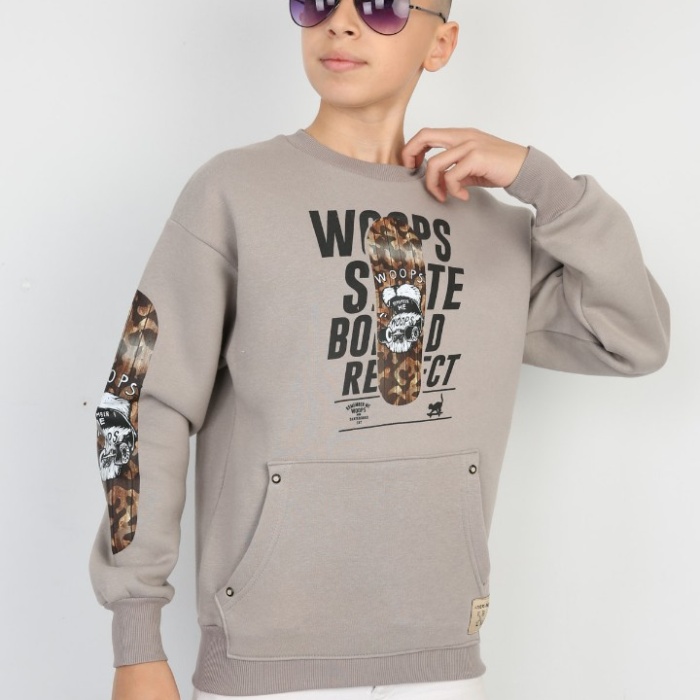 Üç İplik Şardonlu Baskılı Kanguru Cepli Erkek Çocuk Günlük Sweatshirt