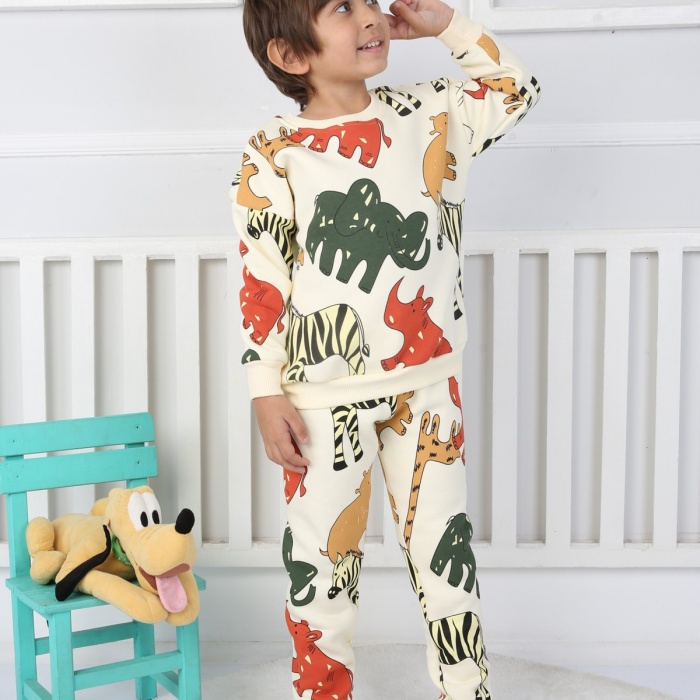 Üç İplik Şardonlu Fil Baskılı Erkek Çocuk Günlük Takım