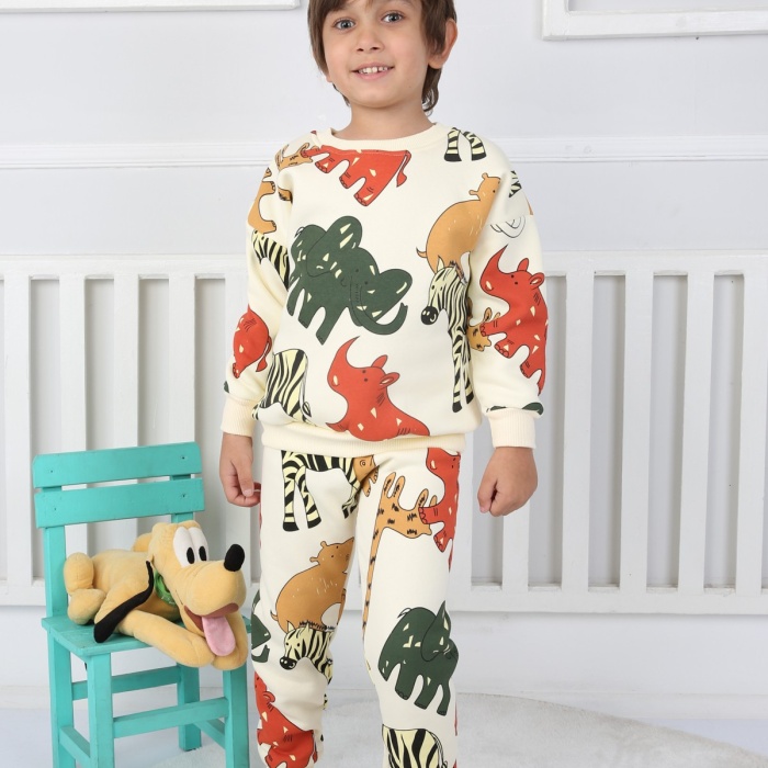 Üç İplik Şardonlu Fil Baskılı Erkek Çocuk Günlük Takım