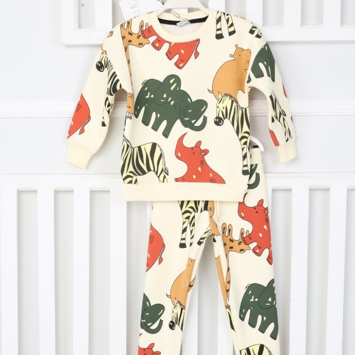 Üç İplik Şardonlu Fil Baskılı Erkek Çocuk Günlük Takım