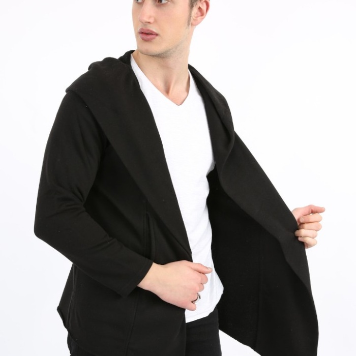 Üç İplik Şardonlu Kapşonlu Cepli Erkek Günlük Panço Hırka