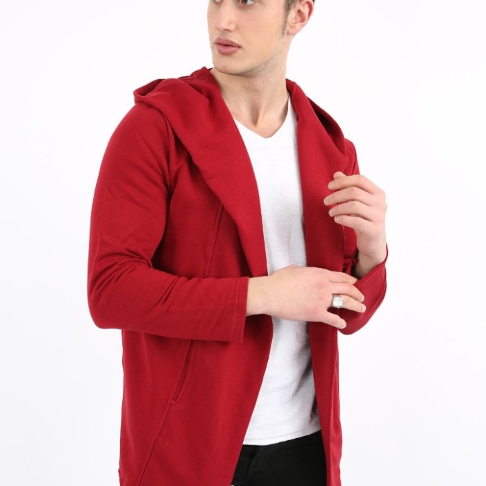 Üç İplik Şardonlu Kapşonlu Cepli Erkek Günlük Panço Hırka