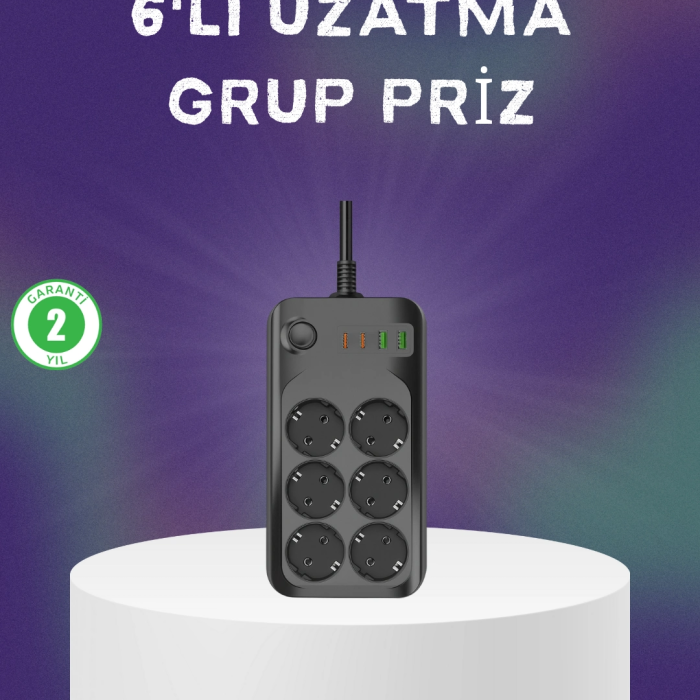 6 Prizli Çoklu Uzatma Kablosu Usb Type-c Hızlı Şarj Termal Koruma