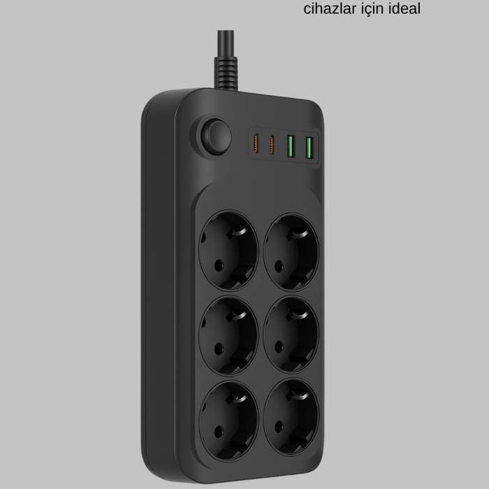 2500w Güçlü 6’lı Priz Usb Ve Type-c Çıkışlı Termal Korumalı