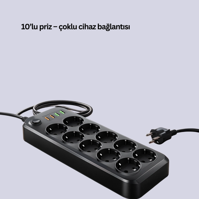 Termal Koruma Sistemli Usb Type-c 10’lu Grup Priz 2m 2500w Güç Kapasiteli