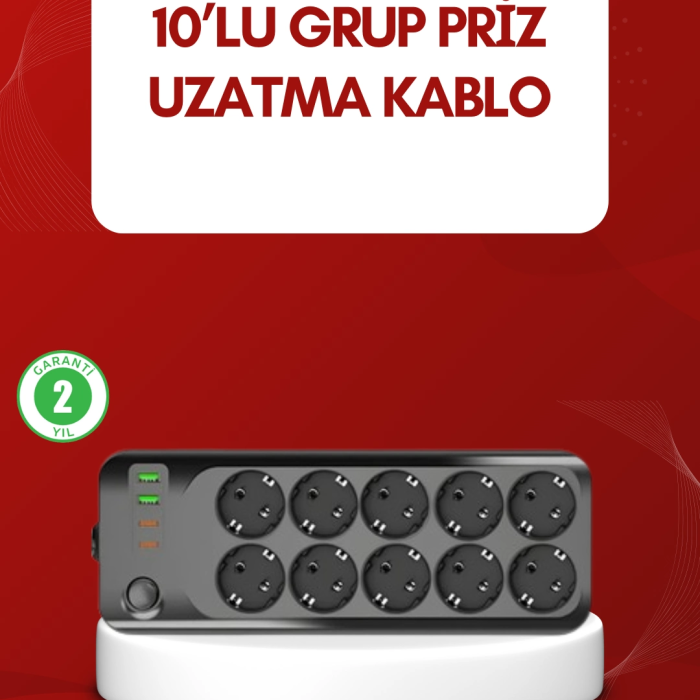 Usb Type-c Destekli 10’lu Grup Priz Termal Korumalı 2m Kablo 2500w