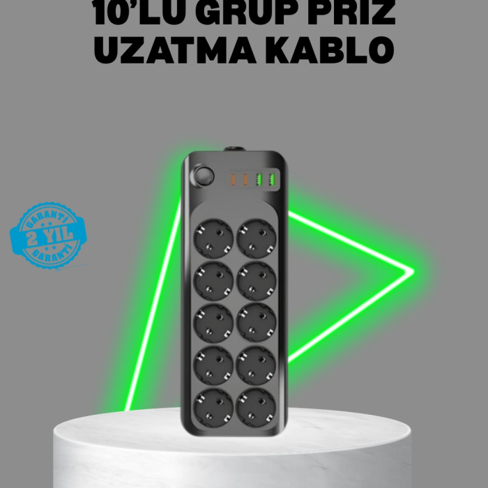 Termal Akım Korumalı 10’lu Grup Priz Usb Type-c Hızlı Şarj 2500w 2m Kablo