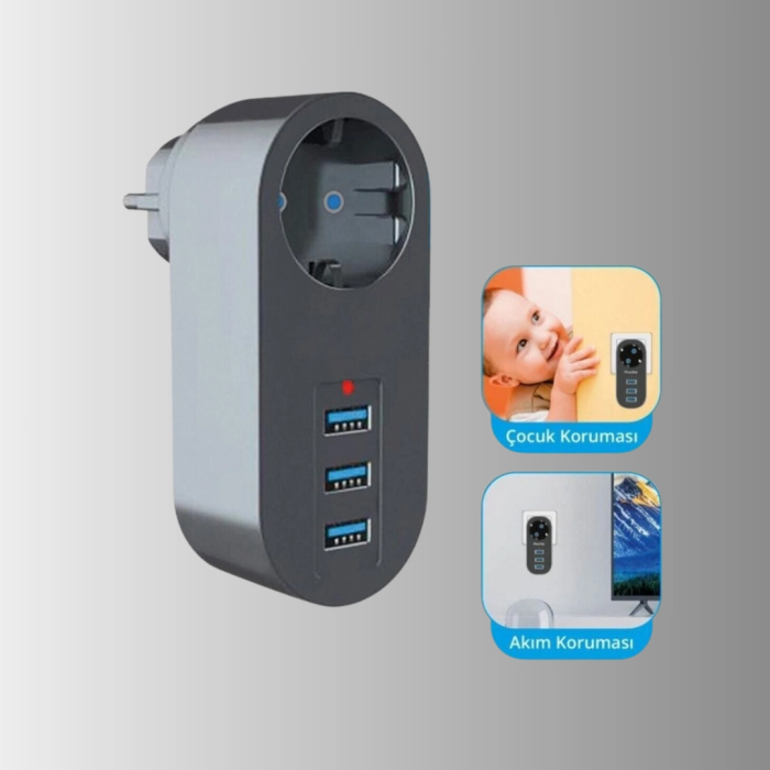 Çocuk Korumalı Termal Priz – 3lü Usb Şarj Ve Akım Koruması