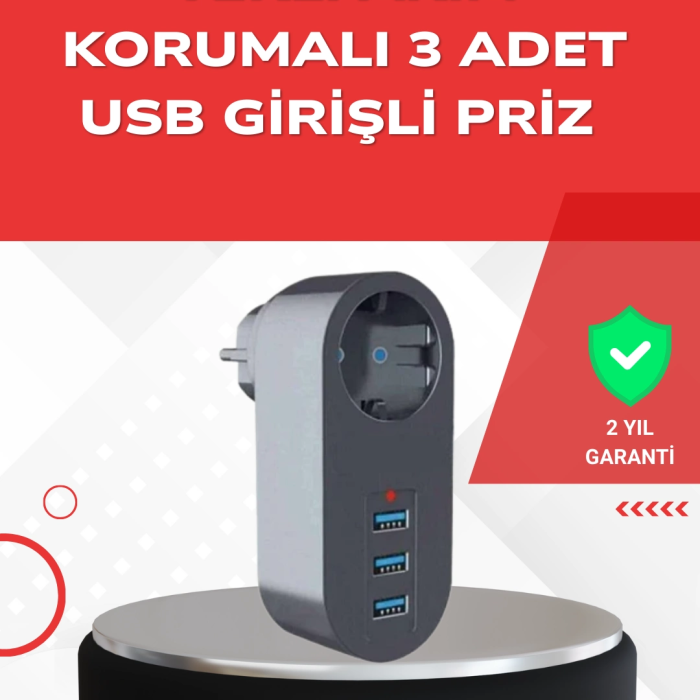 2500w Güç Destekli Akım Korumalı Priz – 3 Usb Çıkışlı