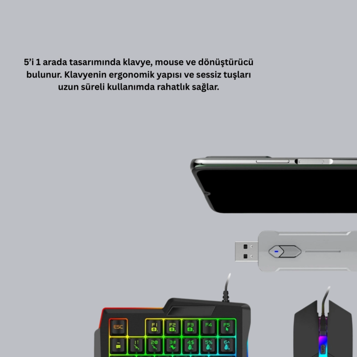 5’i 1 Arada Mobil Oyun Seti Bluetooth 5.3 Klavye Mouse Dönüştürücü  Kit